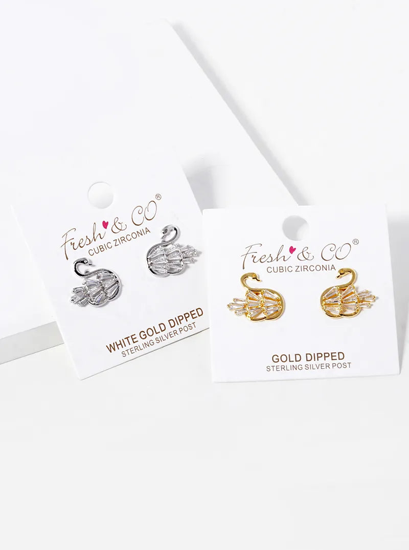 18K-Gold-Dipped Baguette CZ Pave Swan Post Stud Earrings