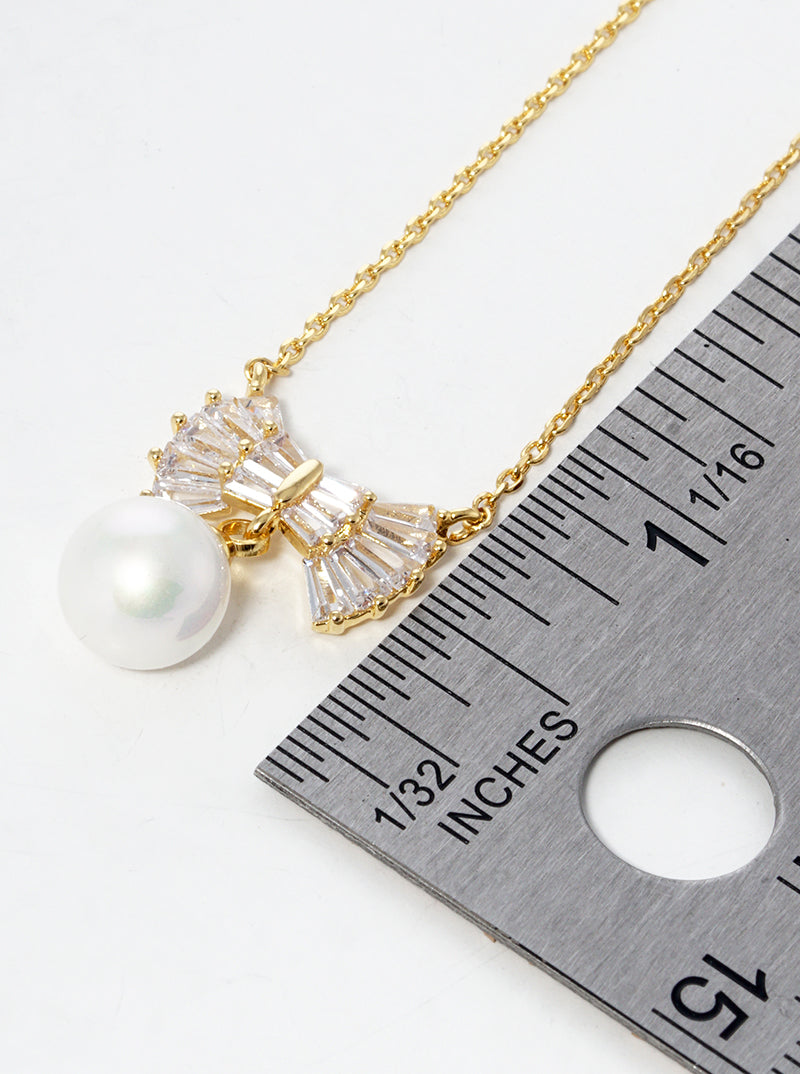 18K Gold Dipped Baguette CZ Ribbon Bow With Glass Pearl Drop Pendant Necklace