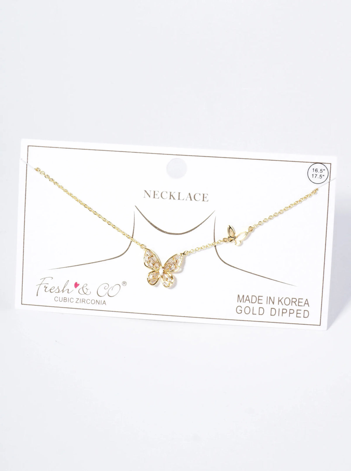 18K Gold Dipped Baguette Cubic Zirconia Butterfly Pendant Necklace
