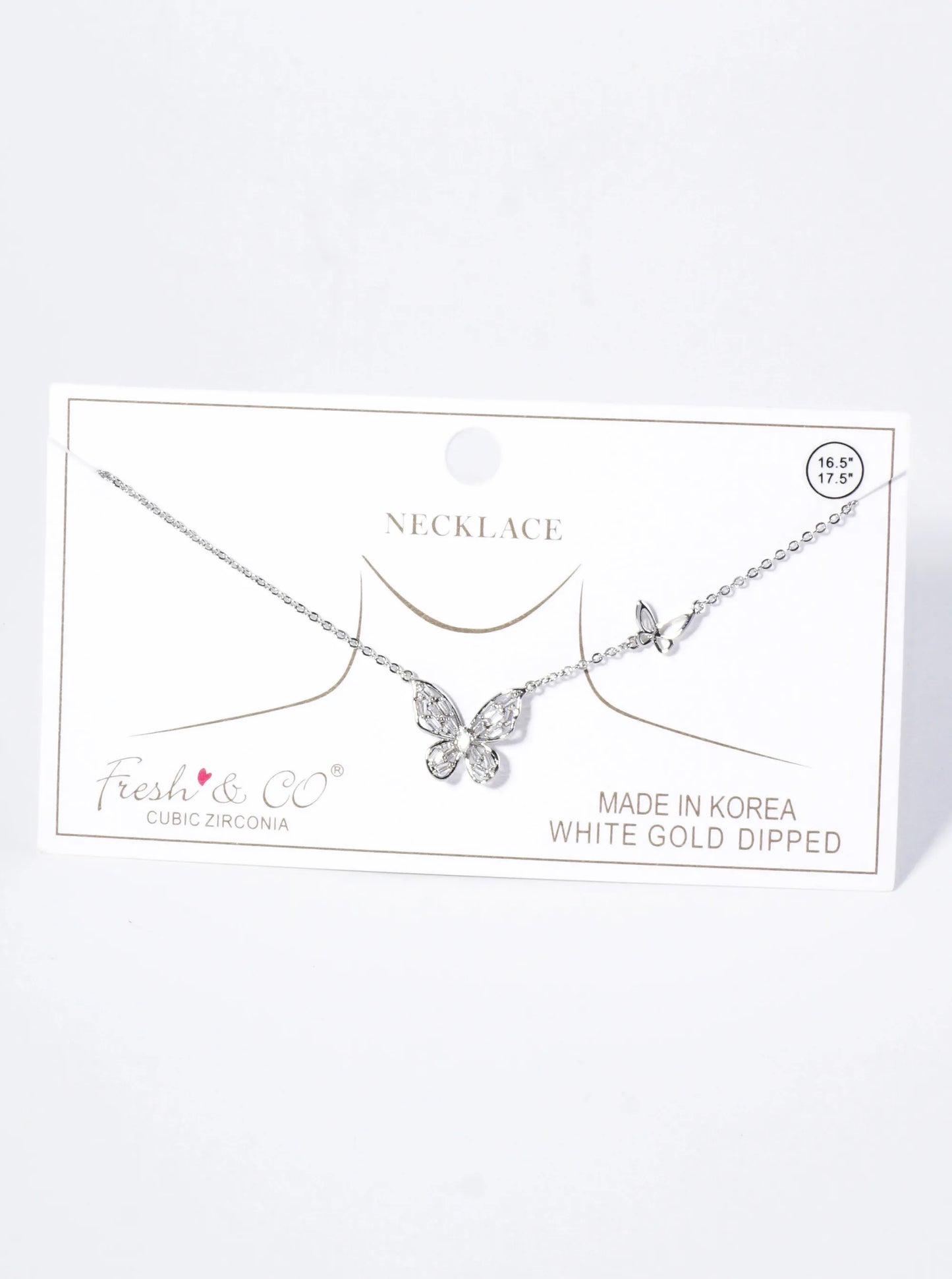 18K Gold Dipped Baguette Cubic Zirconia Butterfly Pendant Necklace