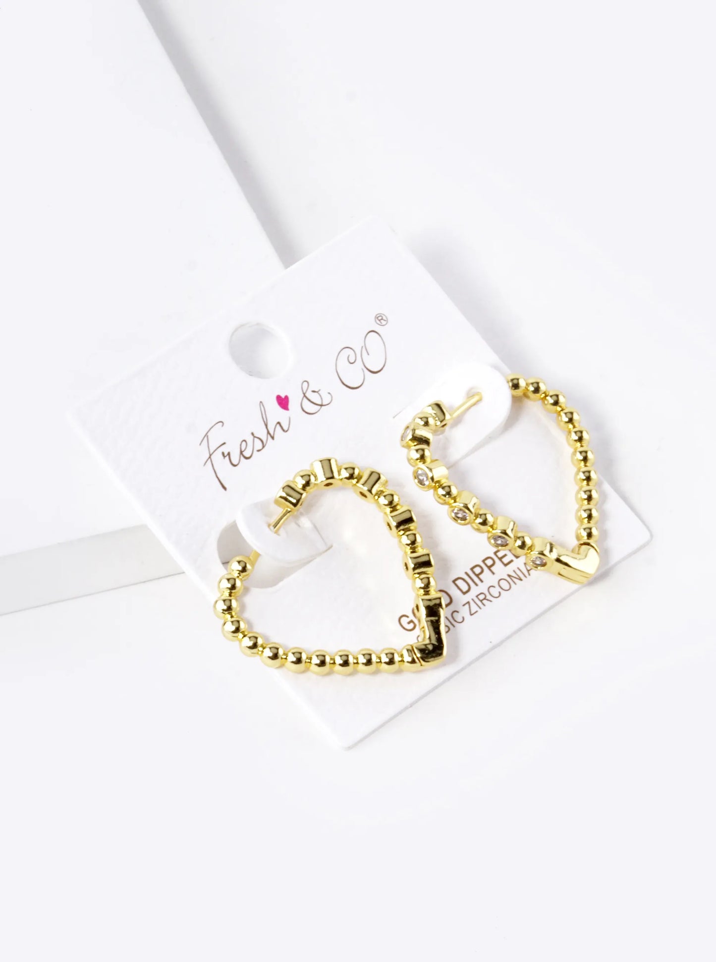 18K Gold Dipped Ball Textured CZ Stone 25mm Heart Hoop Earrings