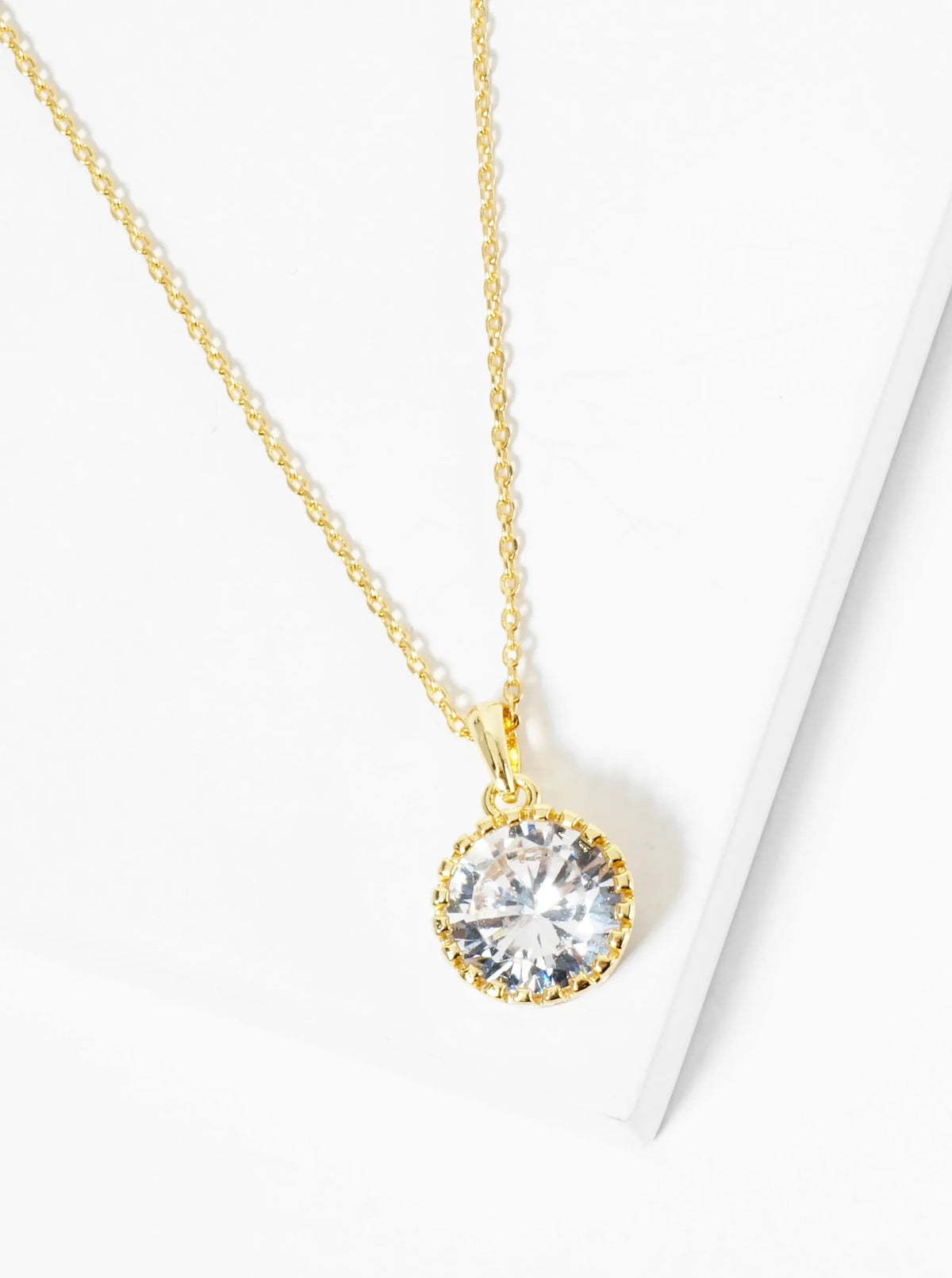 18K Gold Dipped Ball Textured Encased In Brass 10mm CZ Round Stone Pendant Necklace