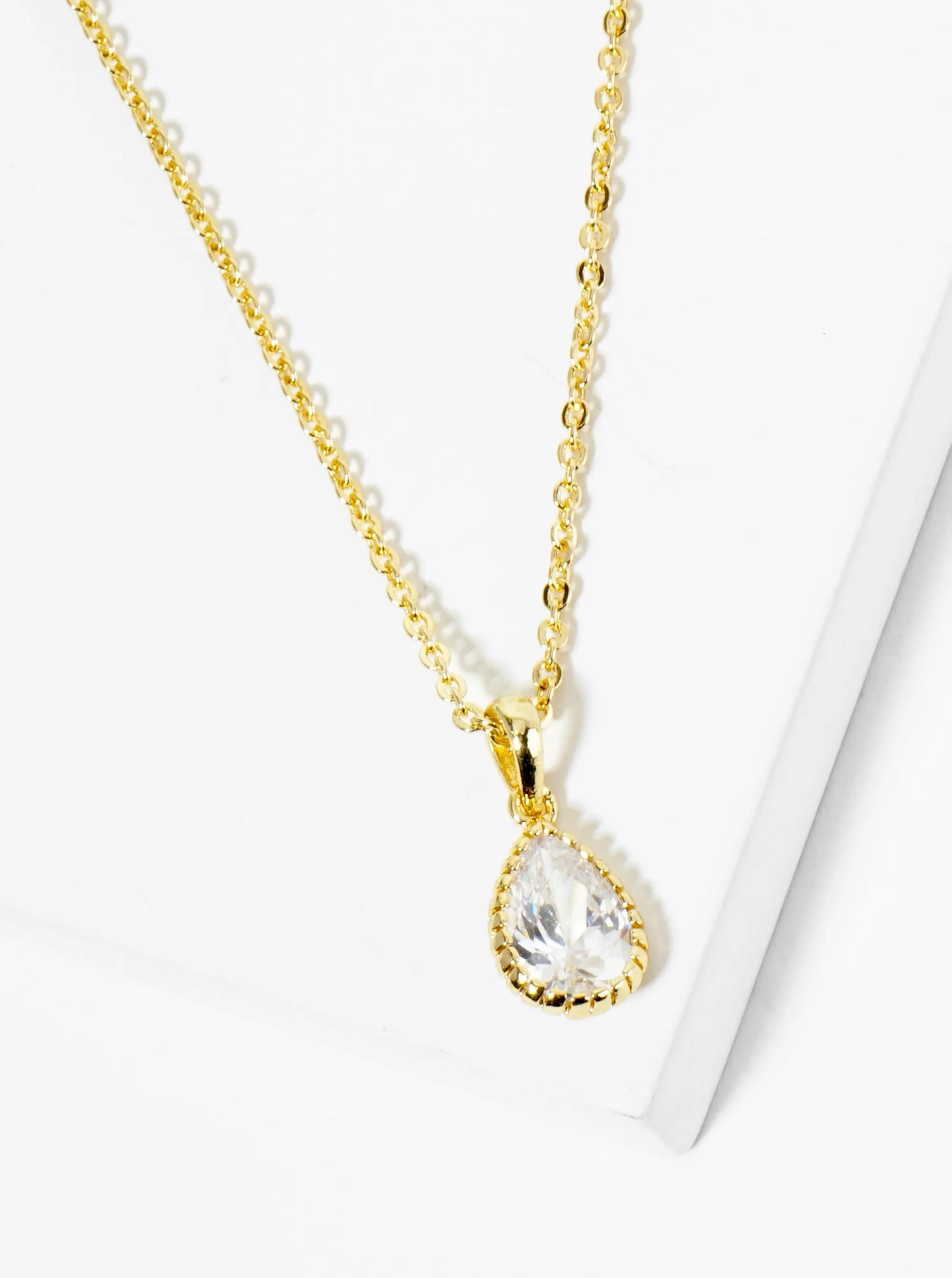 18K Gold Dipped Ball Textured Encased In Brass 10mm CZ Teardrop Stone Pendant Necklace