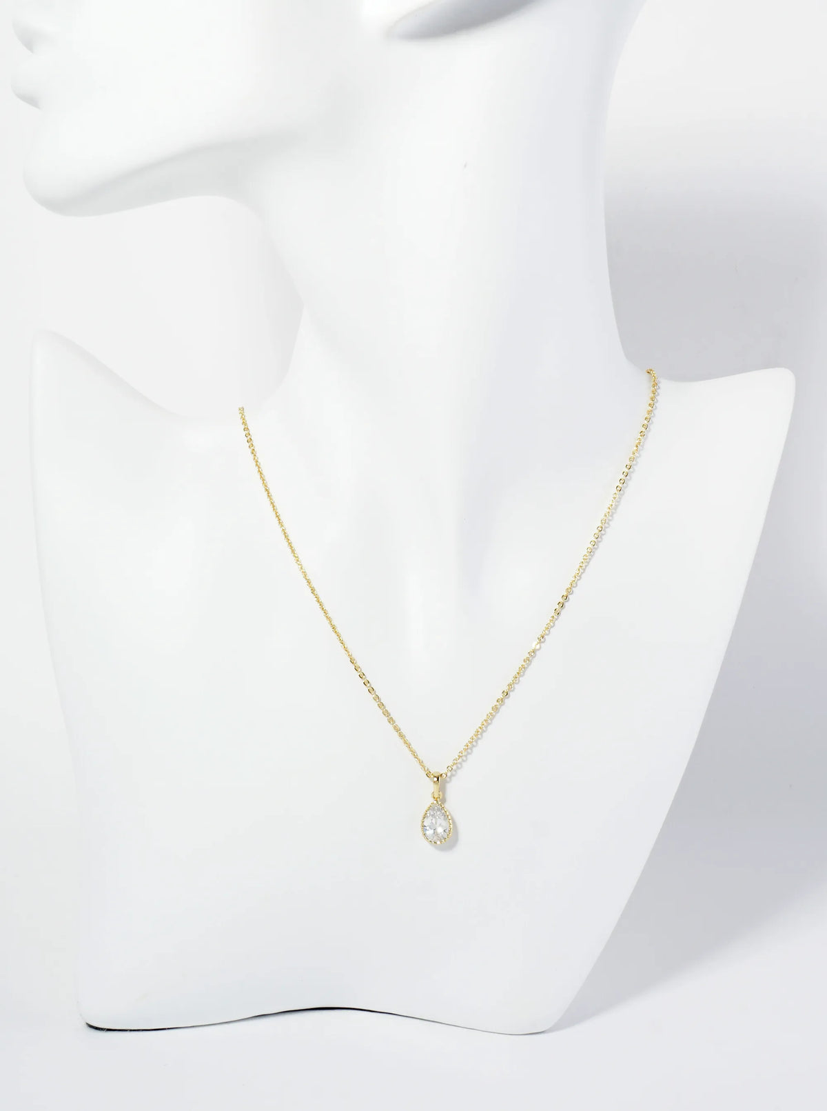 18K Gold Dipped Ball Textured Encased In Brass 10mm CZ Teardrop Stone Pendant Necklace