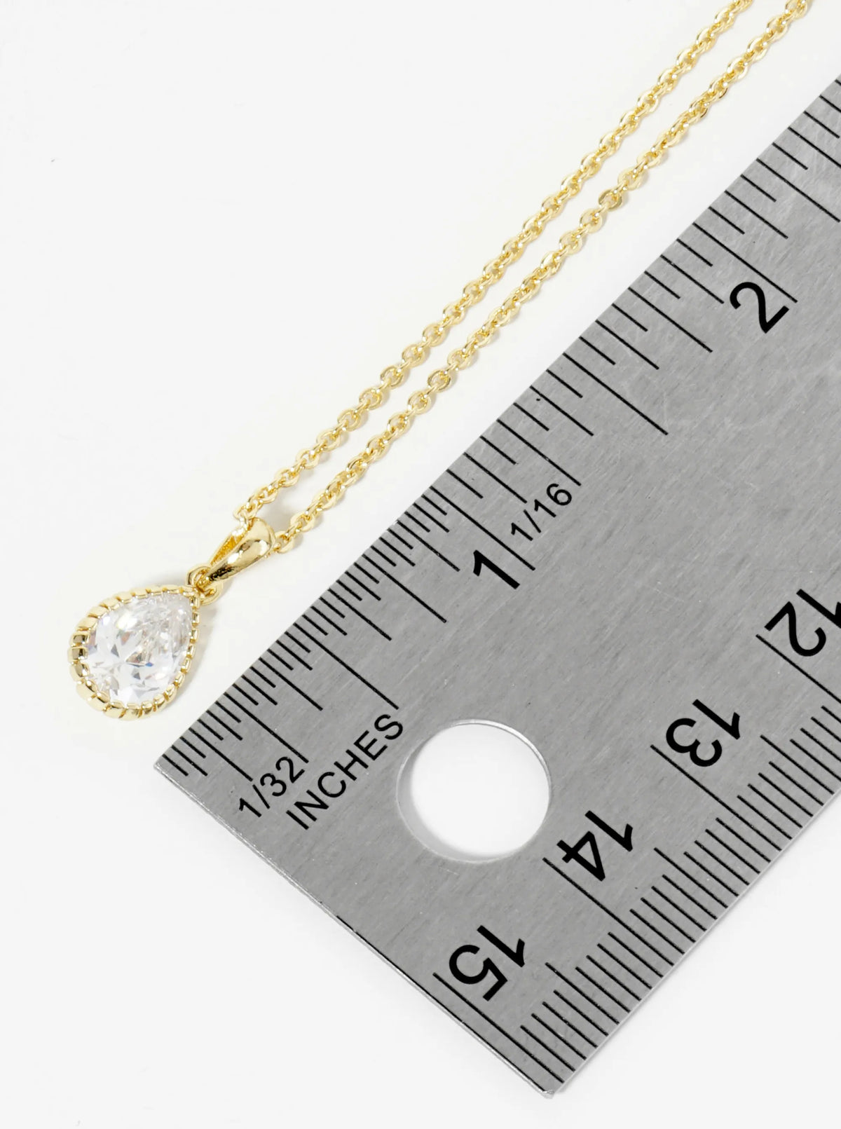 18K Gold Dipped Ball Textured Encased In Brass 10mm CZ Teardrop Stone Pendant Necklace
