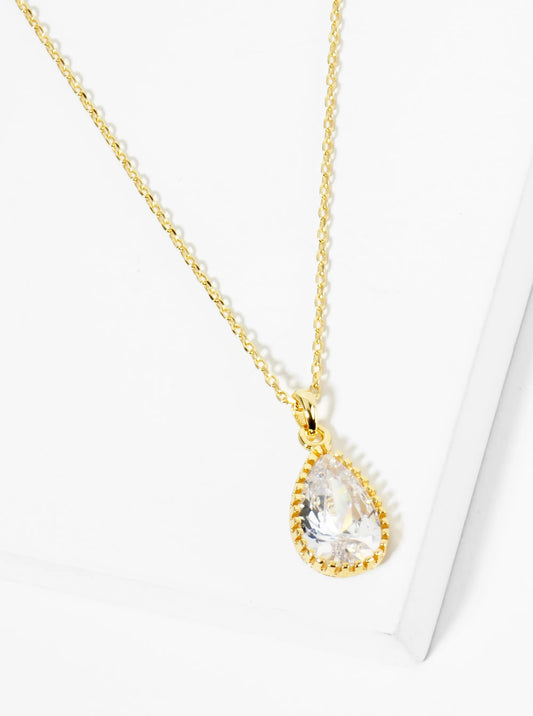 18K Gold Dipped Ball Textured Encased In Brass 12mm CZ Teardrop Stone Pendant Necklace