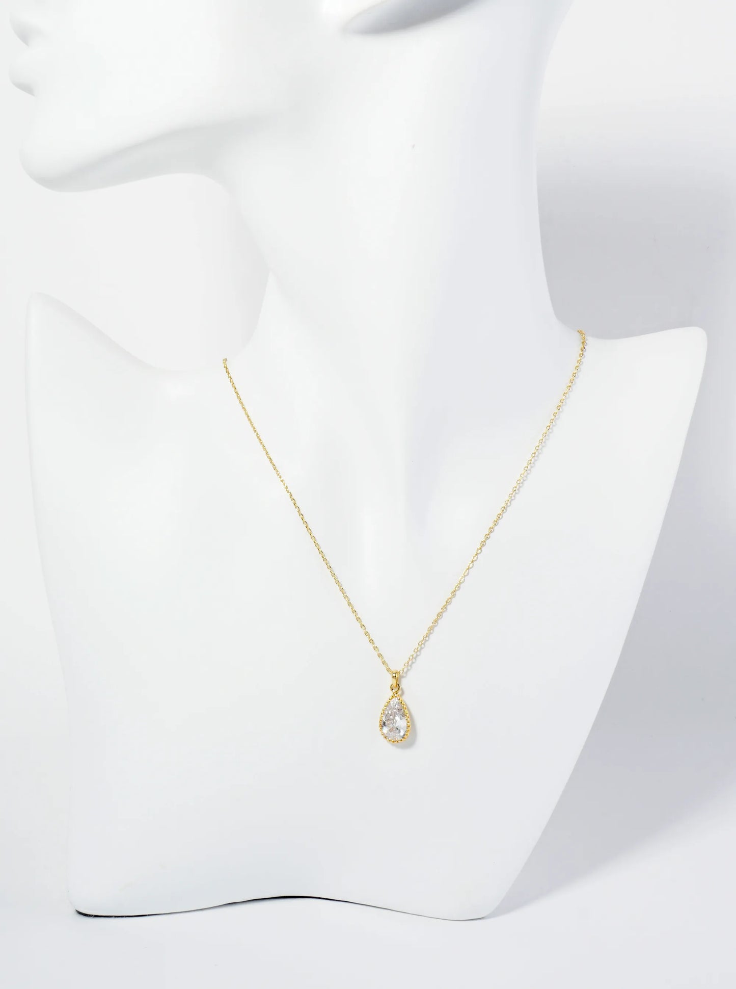 18K Gold Dipped Ball Textured Encased In Brass 12mm CZ Teardrop Stone Pendant Necklace