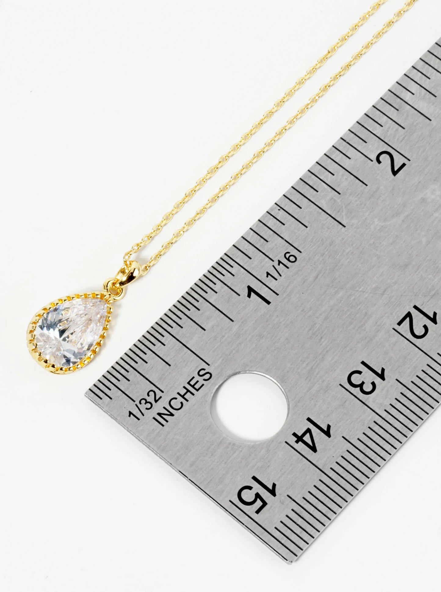 18K Gold Dipped Ball Textured Encased In Brass 12mm CZ Teardrop Stone Pendant Necklace