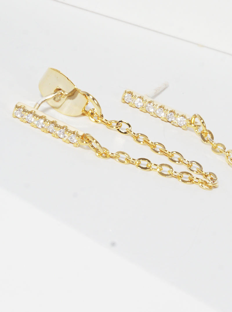 18K Gold Dipped Bar Chain Post Earrings With Sterling  Silver Post