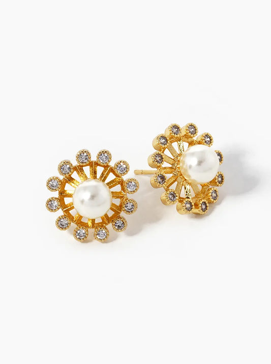 18K-Gold-Dipped Bezel Set CZ Pearl Flower Stud Earrings