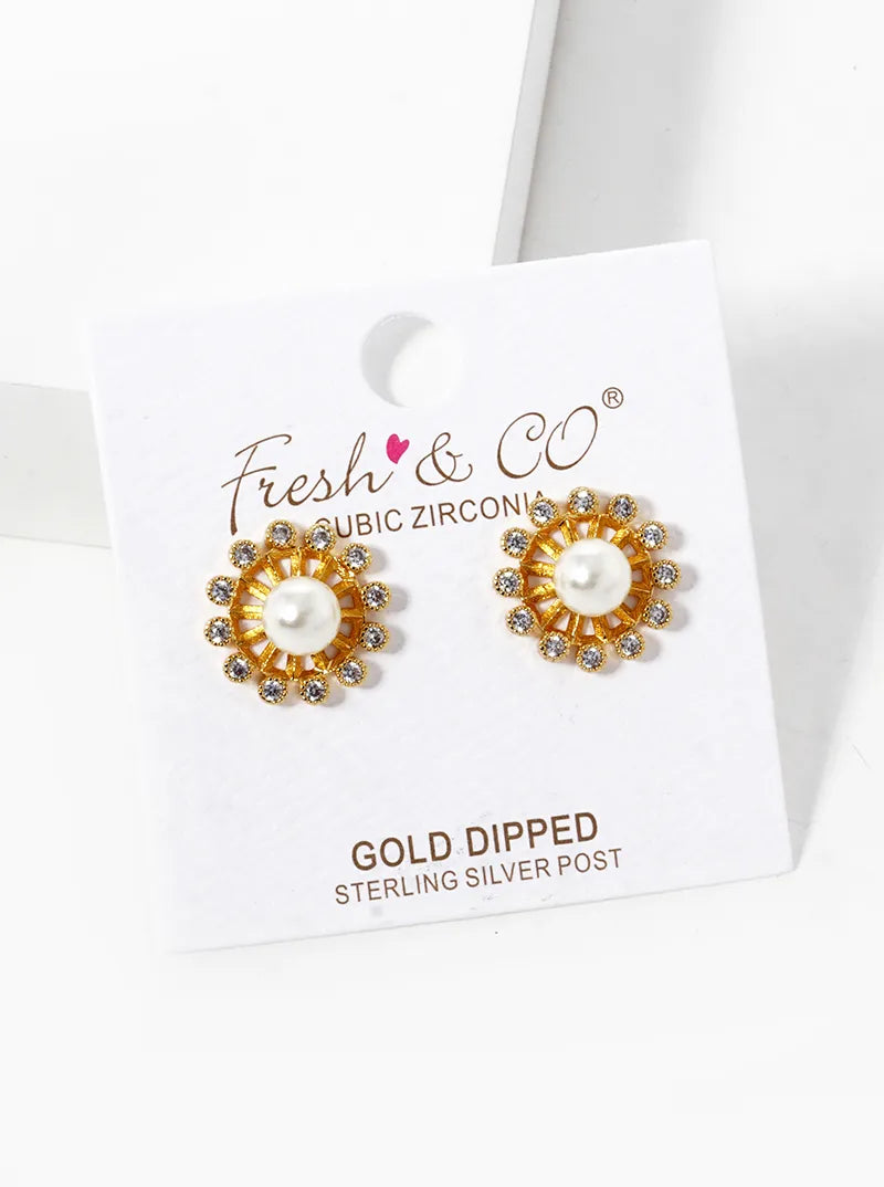 18K-Gold-Dipped Bezel Set CZ Pearl Flower Stud Earrings