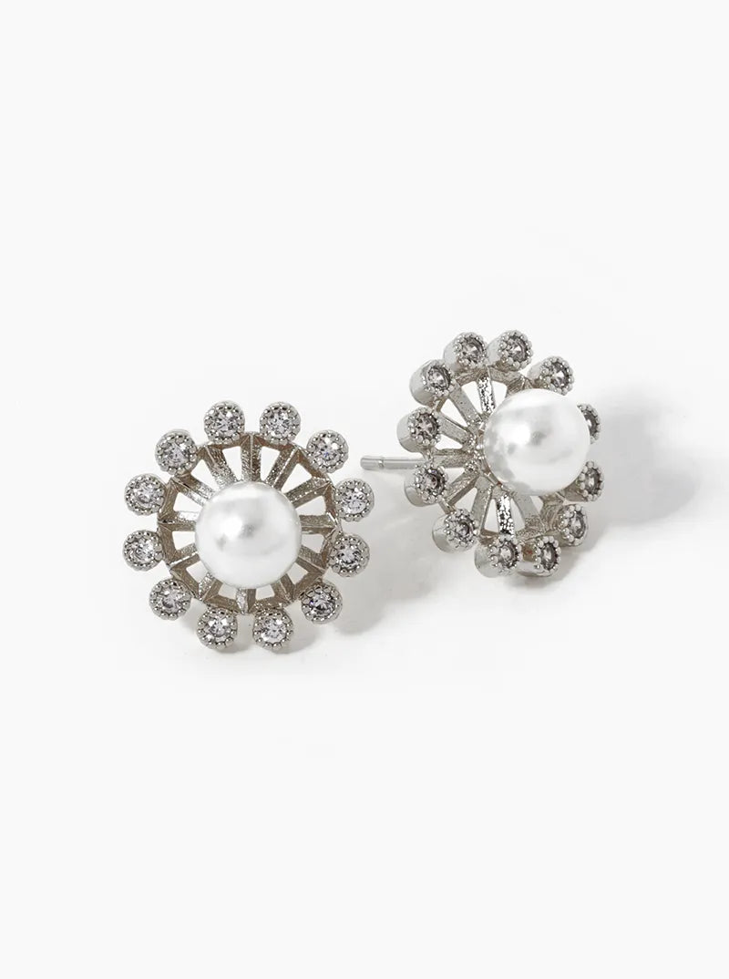 18K-Gold-Dipped Bezel Set CZ Pearl Flower Stud Earrings
