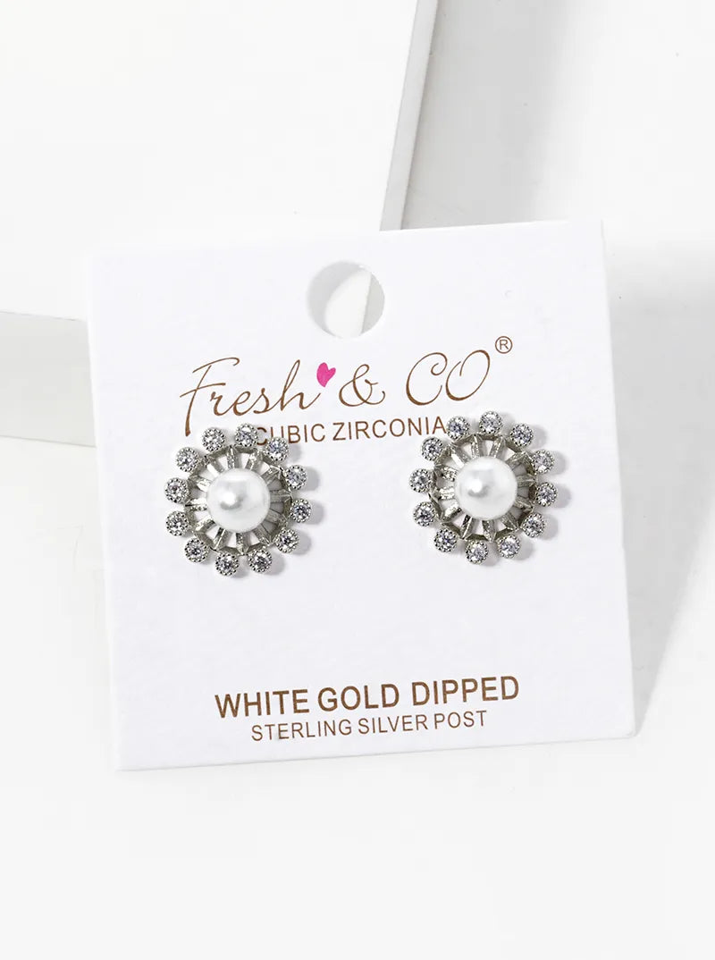 18K-Gold-Dipped Bezel Set CZ Pearl Flower Stud Earrings