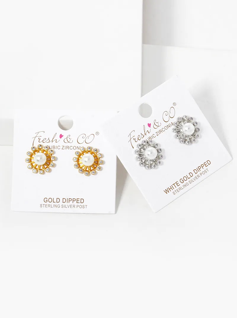 18K-Gold-Dipped Bezel Set CZ Pearl Flower Stud Earrings