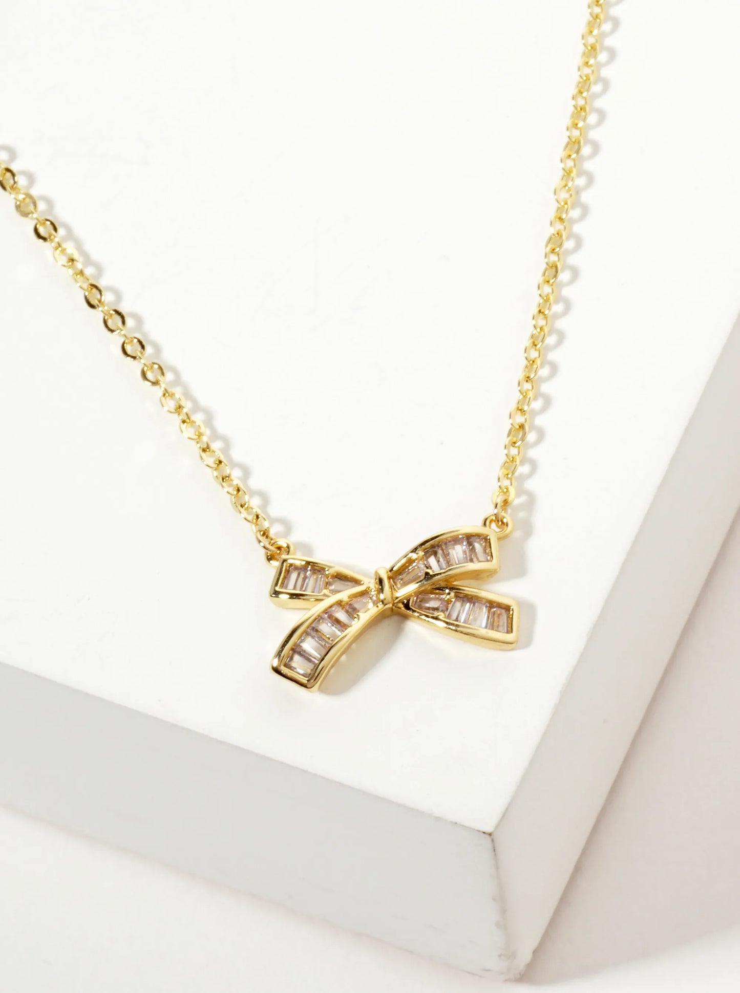 18K-Gold-Dipped Bow Pendant With Square-Cubic-Zirconia Stones Necklace