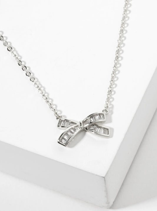 18K-Gold-Dipped Bow Pendant With Square-Cubic-Zirconia Stones Necklace