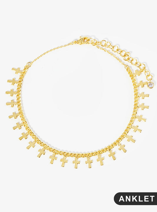 18K Gold Dipped Brass Cross Charm Tassel Anklet