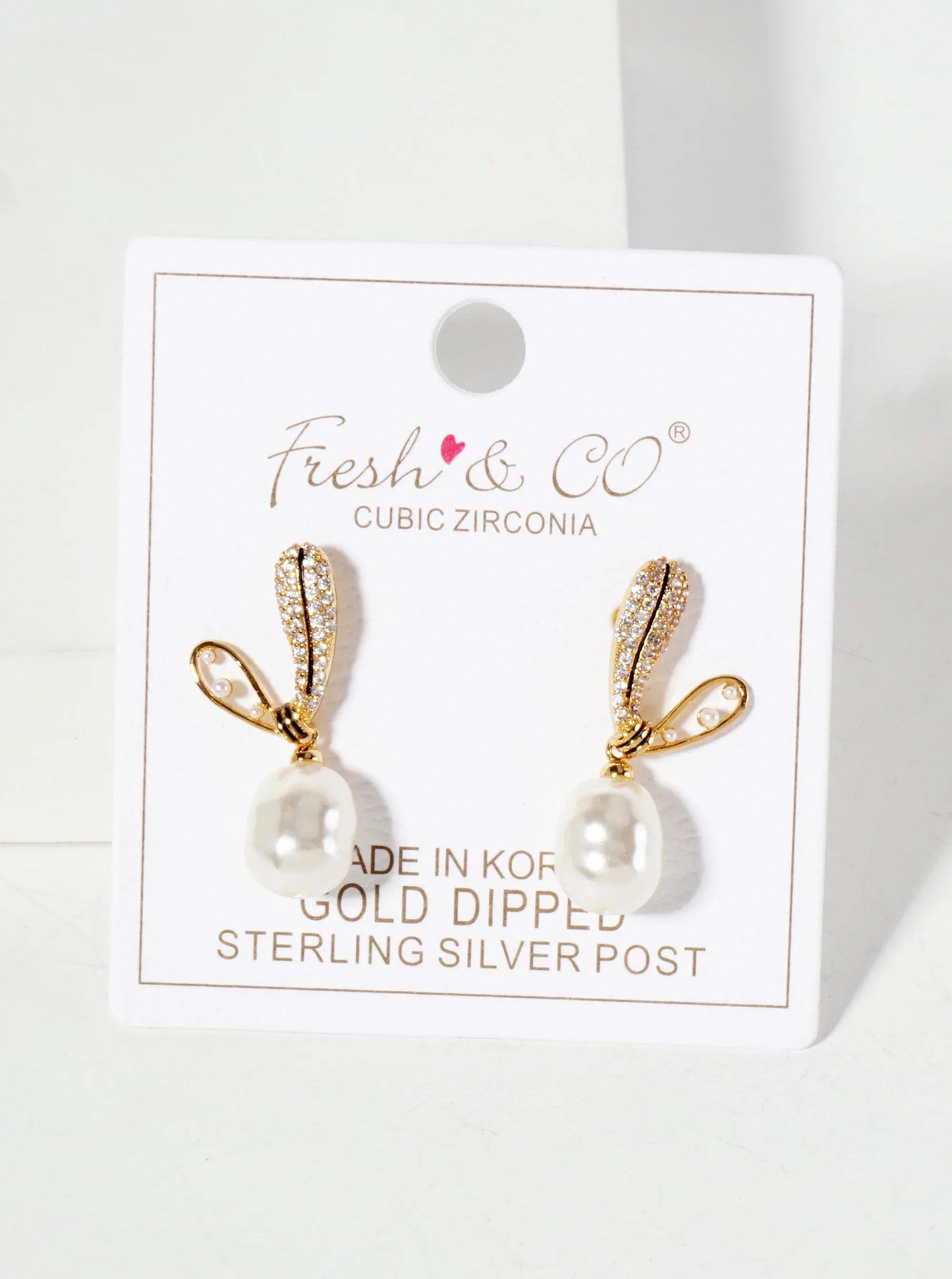 18K-Gold-Dipped Brass Micro-Pave-Set Cubic-Zirconia Heart Post Earrings With Pearl Drop