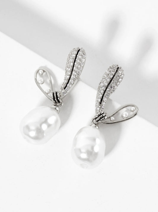 18K-Gold-Dipped Brass Micro-Pave-Set Cubic-Zirconia Heart Post Earrings With Pearl Drop