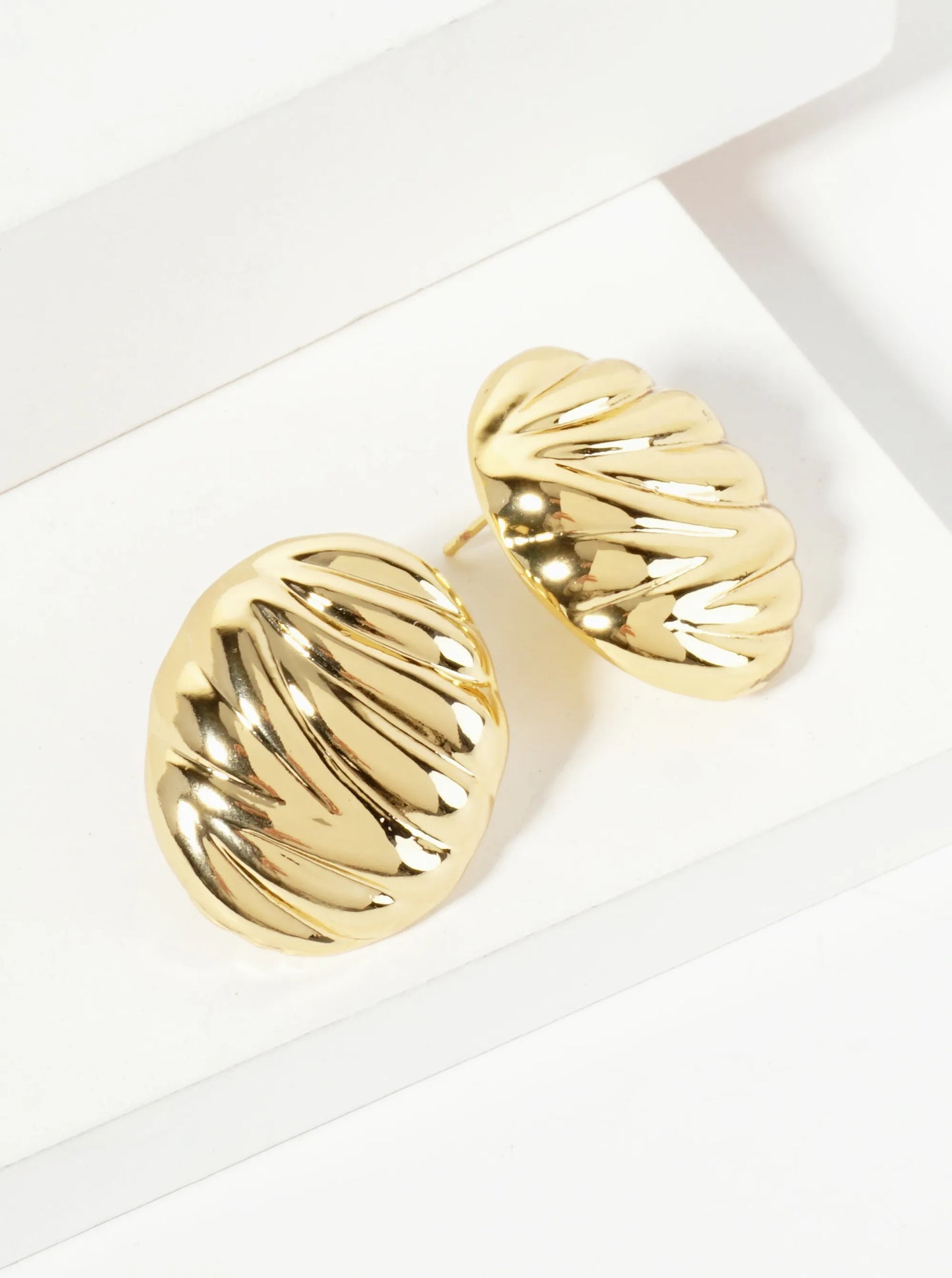 18K-Gold-Dipped Brass Ribbed Oval-Shaped Stud Earrings