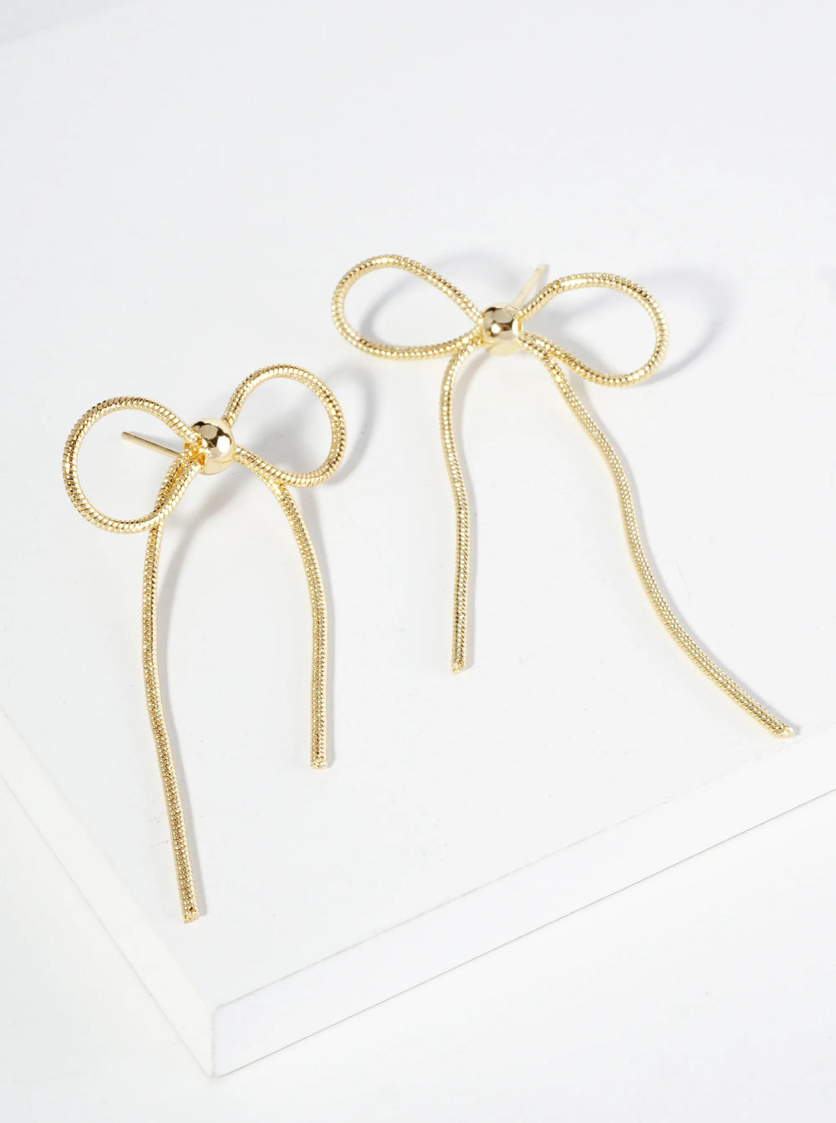 18K Gold Dipped Brass Snake Chain Ribbon Bow Drop Post Earrings