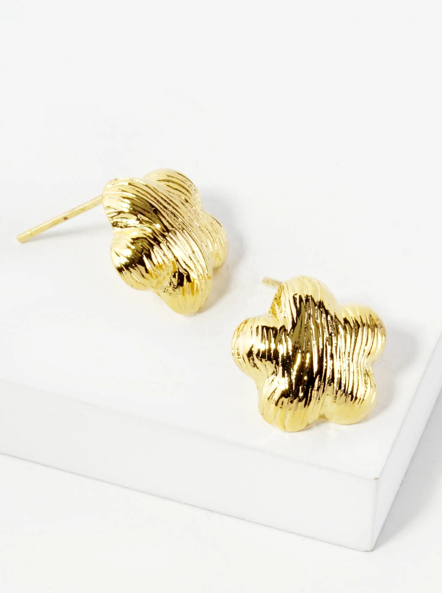 18K Gold Dipped Brushed Brass 13mm Puffy Flower Stud Earrings
