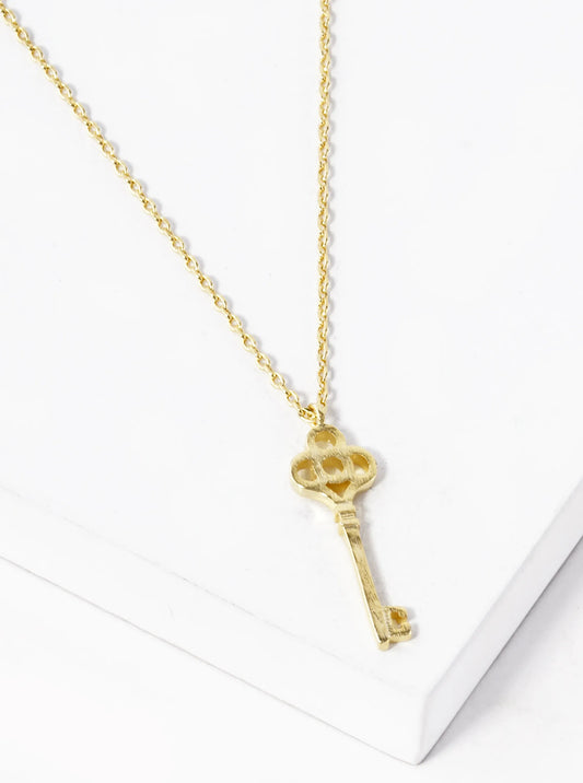 18K Gold Dipped Brushed Brass Key Pendant Necklace