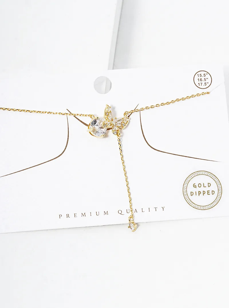 18K Gold Dipped CZ Butterfly Chain Drop Pendant Necklace