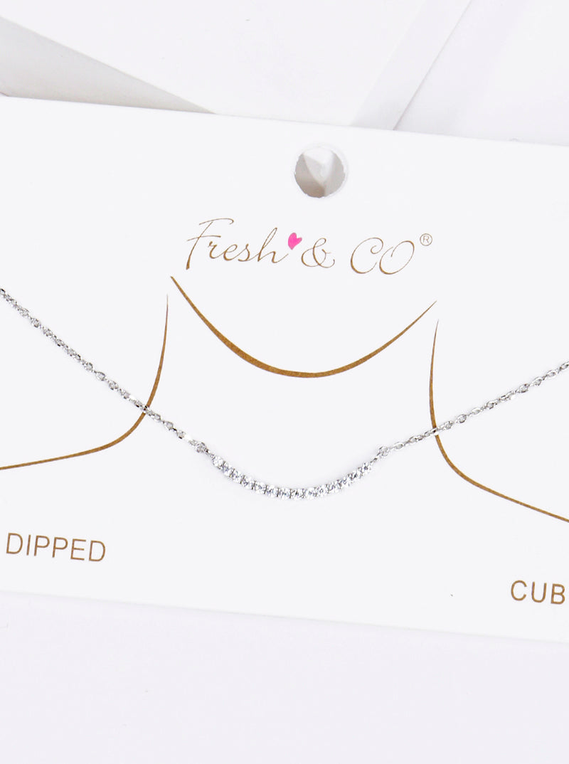 18K Gold Dipped CZ Curved Bar Pendant Delicate Necklace