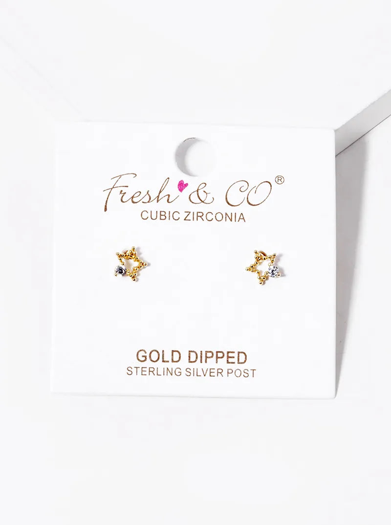 18K-Gold-Dipped CZ Dainty Textured Star Stud Earrings
