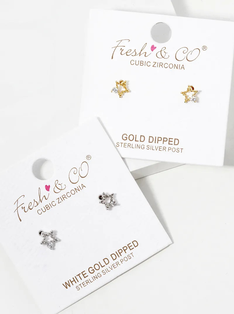 18K-Gold-Dipped CZ Dainty Textured Star Stud Earrings