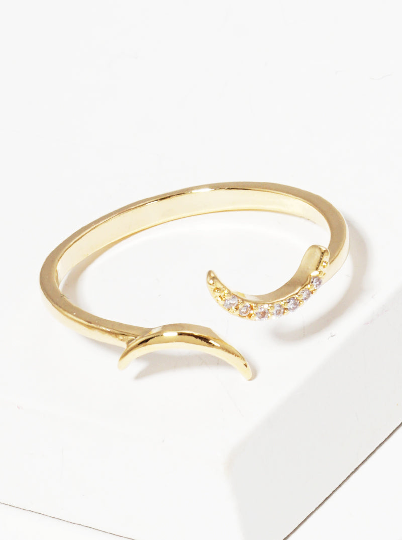18K Gold Dipped CZ Double Crescent Moon Adjustable Cuff Ring