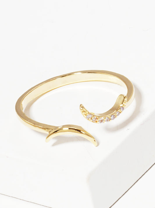 18K Gold Dipped CZ Double Crescent Moon Adjustable Cuff Ring