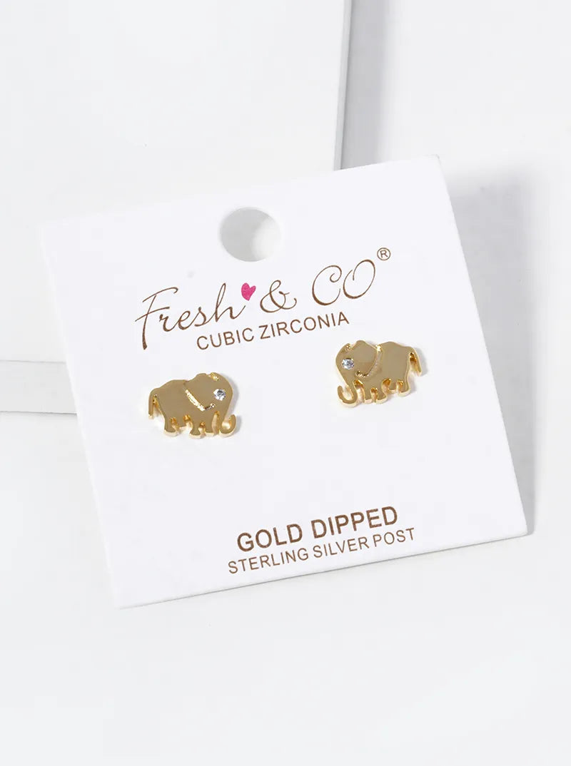 18K-Gold-Dipped CZ Elephant Stud Earrings