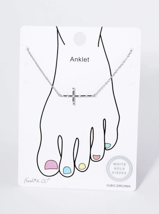 18K Gold Dipped CZ Embedded Delicate Cross Brass Chain Anklet