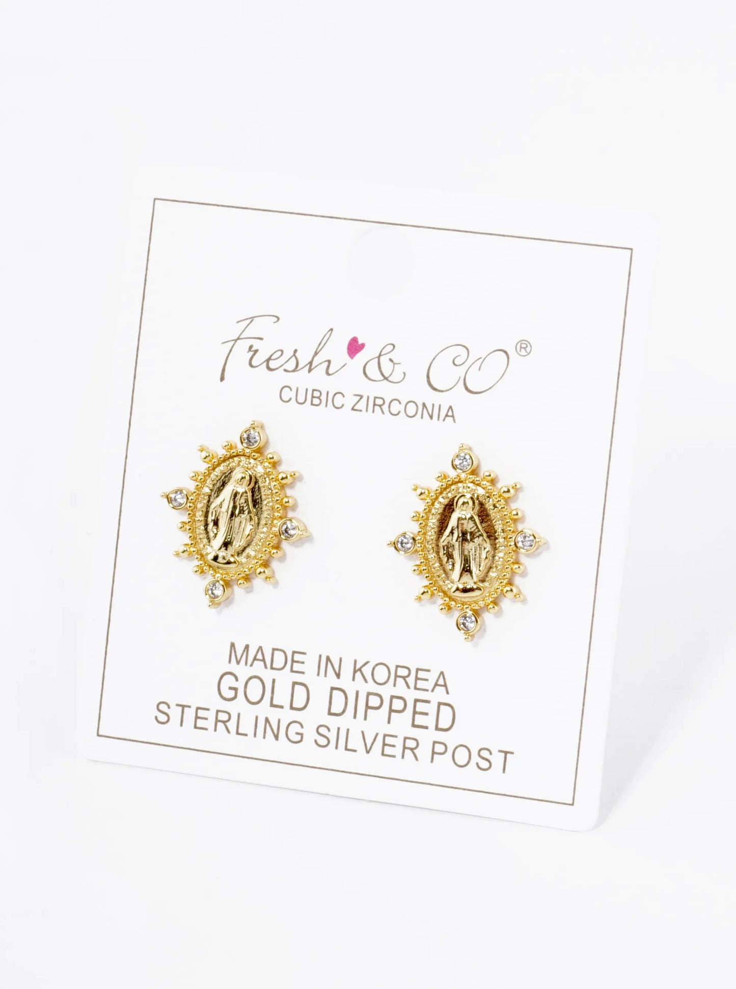 18K Gold Dipped CZ Oval Miraculous Medal Religious Stud Earrings