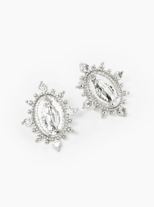 18K Gold Dipped CZ Oval Miraculous Medal Religious Stud Earrings