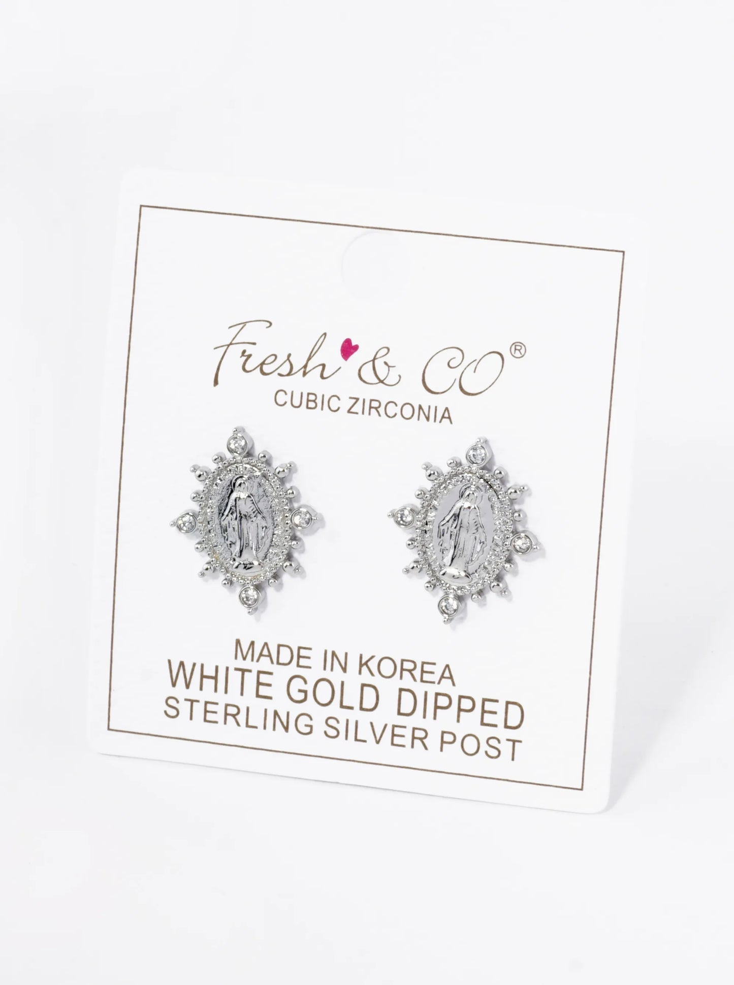 18K Gold Dipped CZ Oval Miraculous Medal Religious Stud Earrings