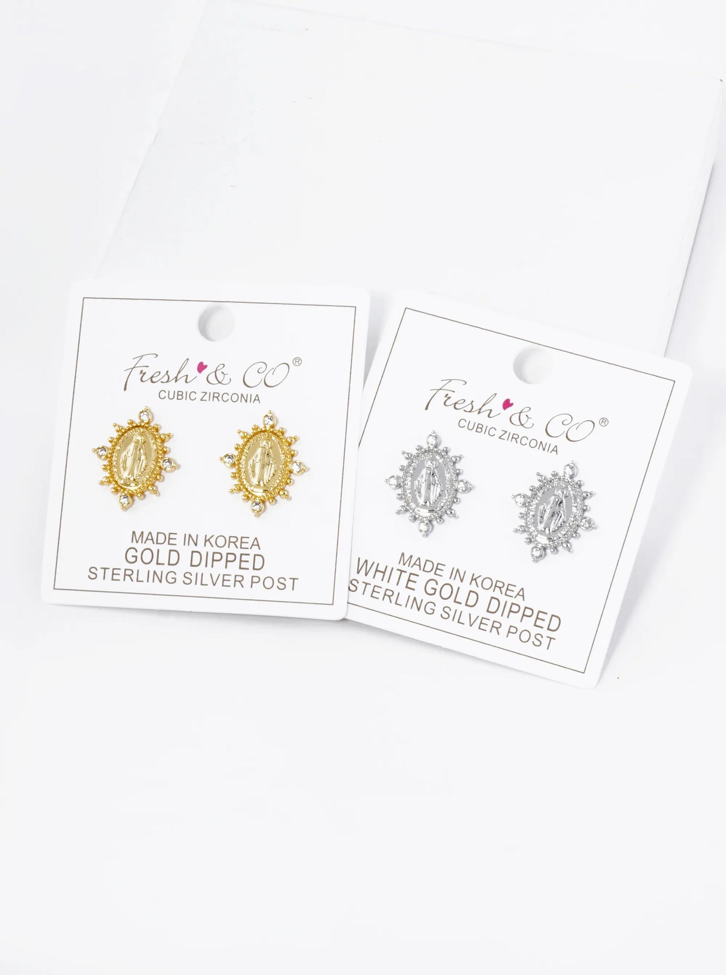 18K Gold Dipped CZ Oval Miraculous Medal Religious Stud Earrings