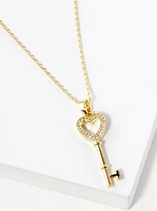 18K Gold Dipped CZ Pave 1 Inch Heart Key Pendant Necklace