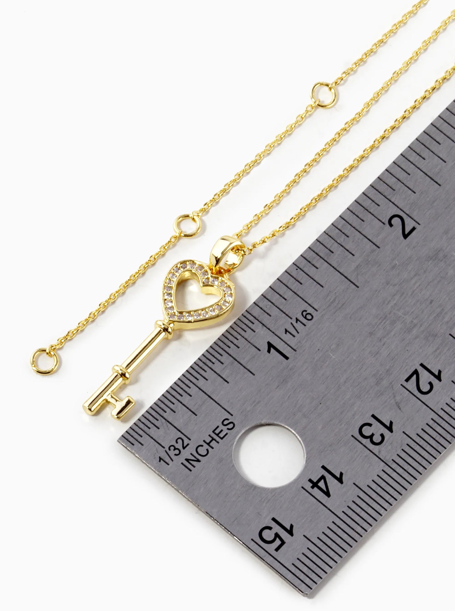 18K Gold Dipped CZ Pave 1 Inch Heart Key Pendant Necklace