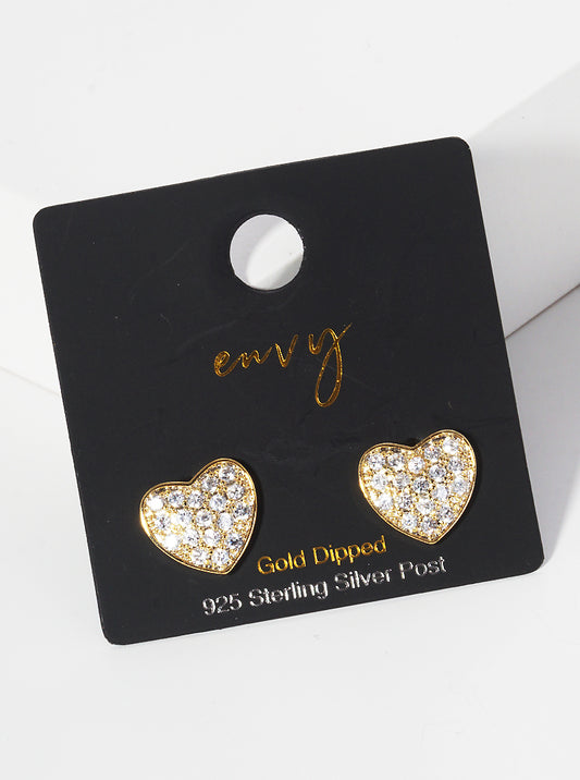 18K Gold Dipped CZ Pave 10mm Heart Sterling Silver Post  Stud Earrings