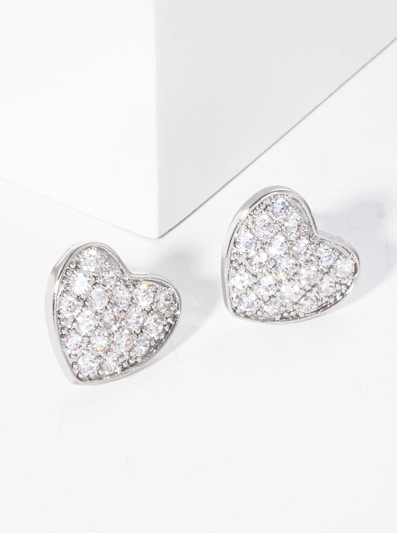 18K Gold Dipped CZ Pave 10mm Heart Sterling Silver Post  Stud Earrings