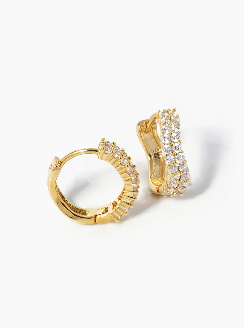 18K-Gold-Dipped CZ Pave 12mm Wave Huggie Hoop Earrings