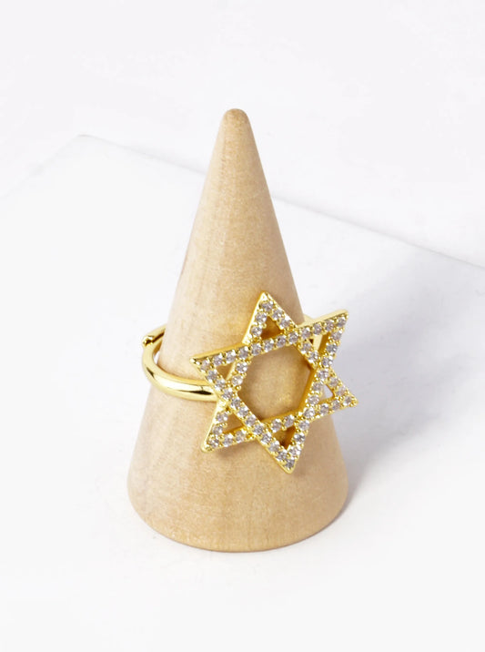 18K Gold Dipped CZ Pave 22mm Star Of David Adjustable Ring