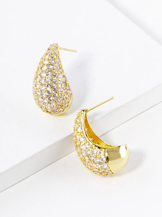 18K Gold Dipped CZ Pave 25mm Puffy Teardrop Hoop Earrings