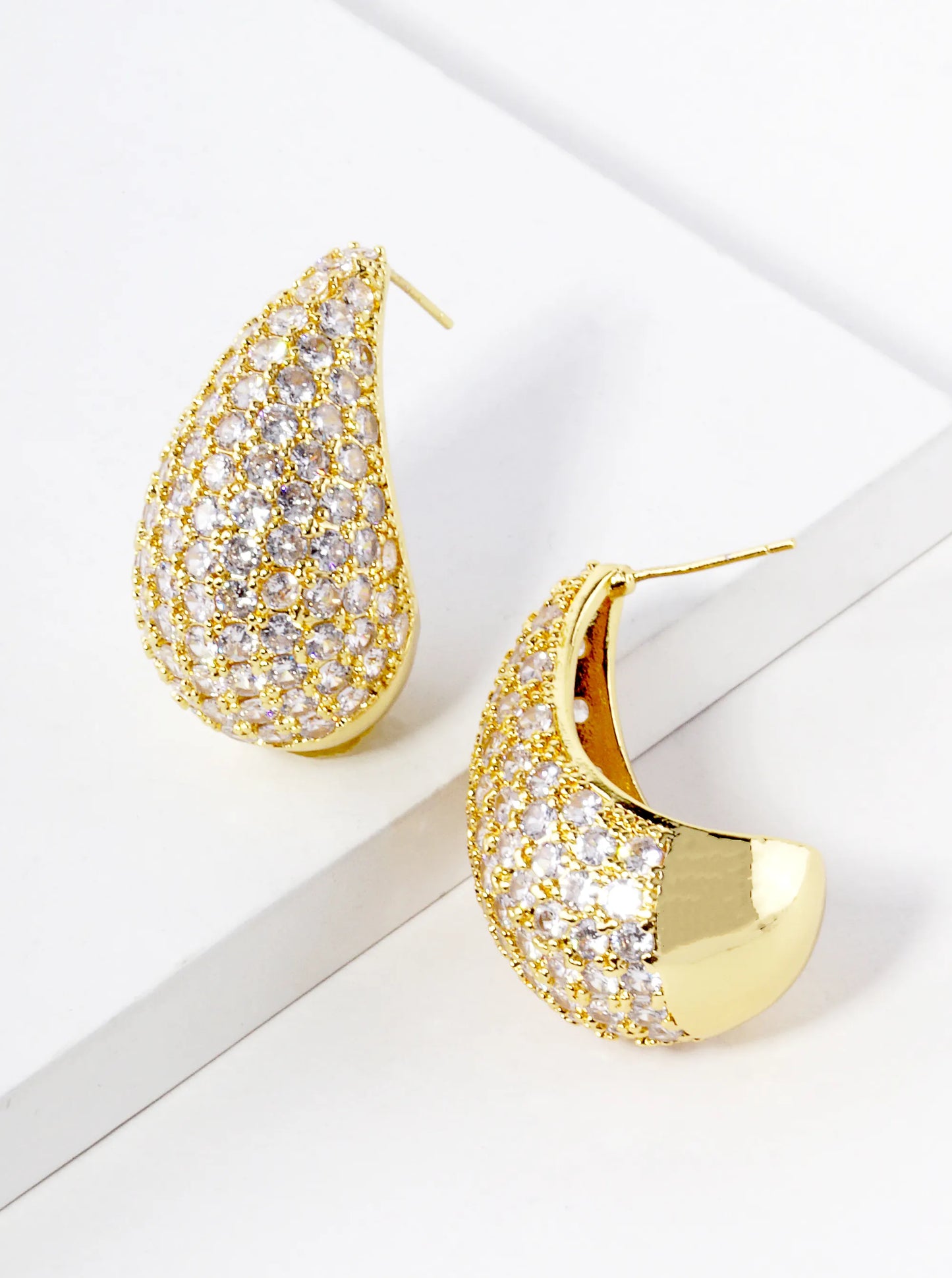 18K Gold Dipped CZ Pave 30mm Puffy Teardrop Hoop Earrings
