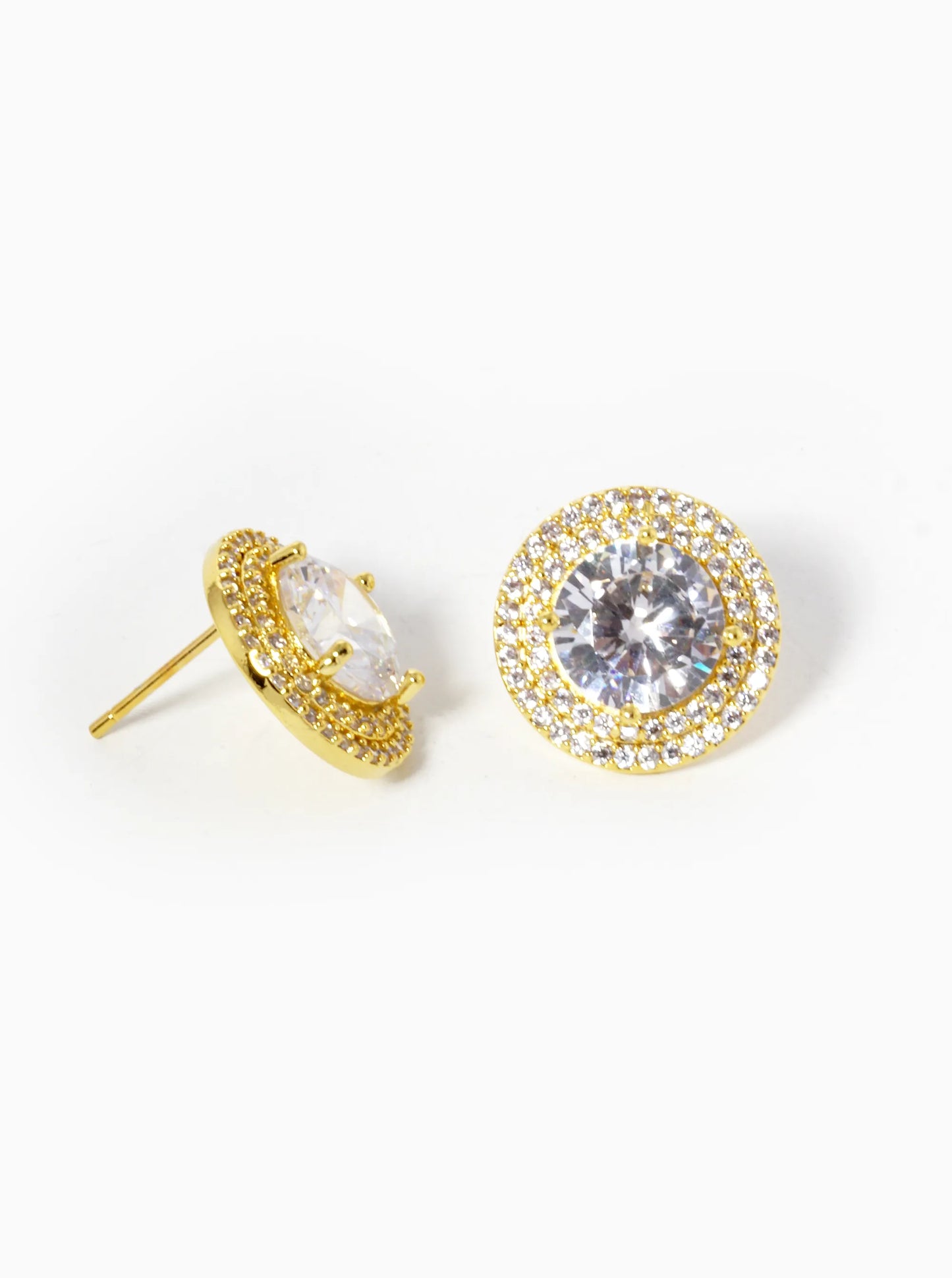 18K-Gold-Dipped CZ Pave 4-Prong Round Stone Stud Earrings