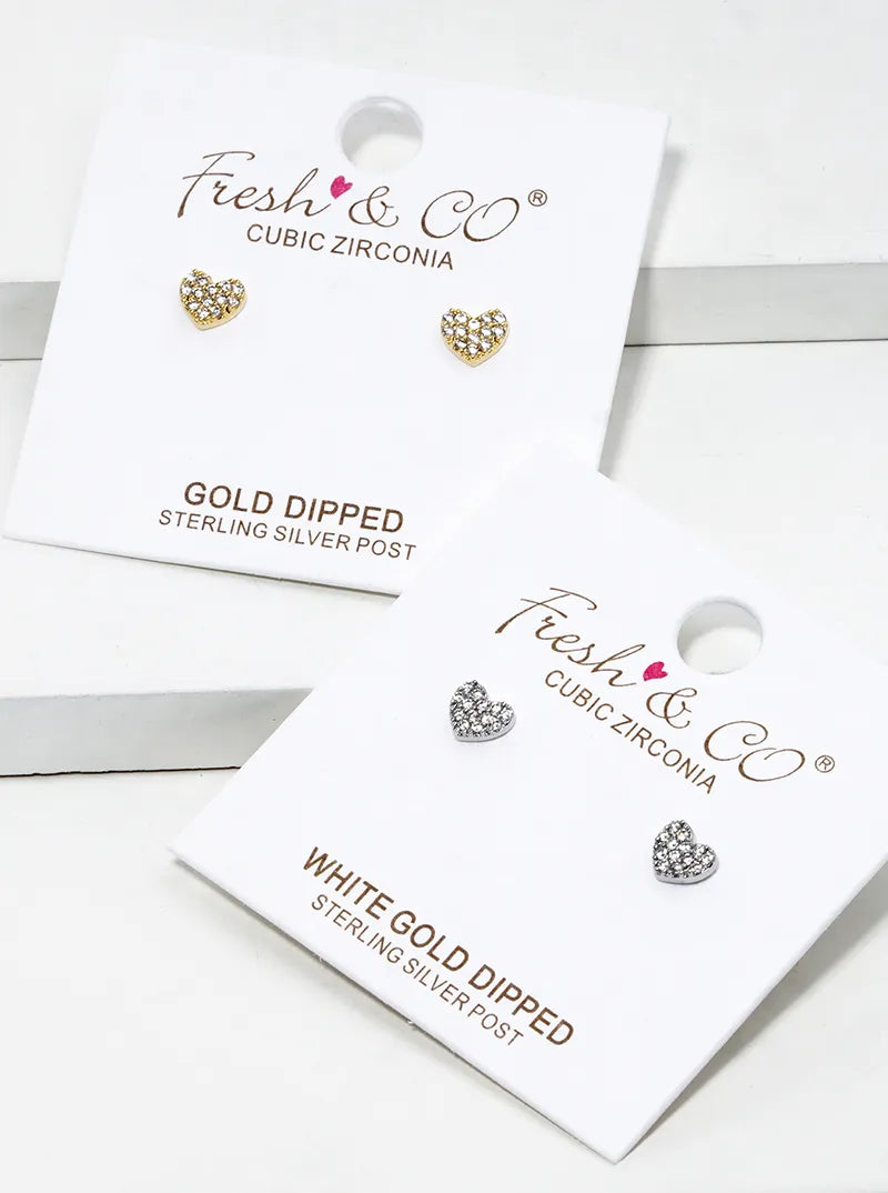 18K Gold Dipped CZ Pave 4mm Heart Post Stud Earrings
