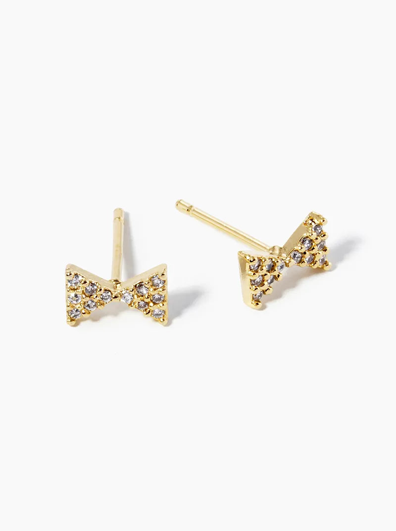 18K Gold Dipped CZ Pave 4mm Ribbon Bow Post Stud Earrings